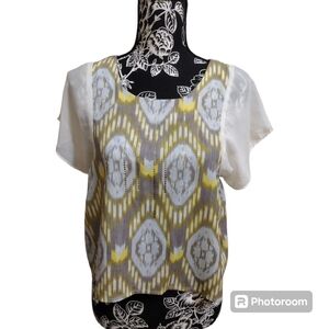 Daytrip Ikat Sheer Cropped Top Yellow Gray Boho Chiffon Flutter Sleeve XS